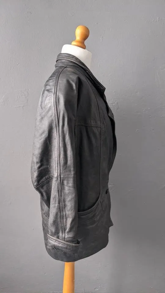 80s Oversized Leather Jacket, Distressed Cocoon Coat, Size Medium