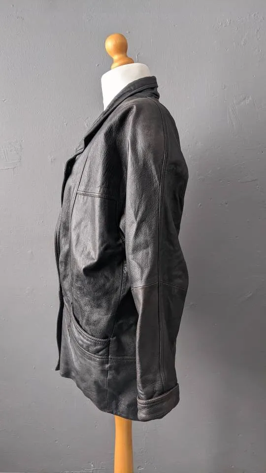 80s Oversized Leather Jacket, Distressed Cocoon Coat, Size Medium