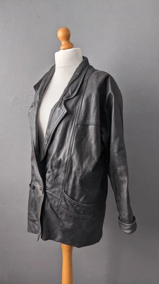 80s Oversized Leather Jacket, Distressed Cocoon Coat, Size Medium