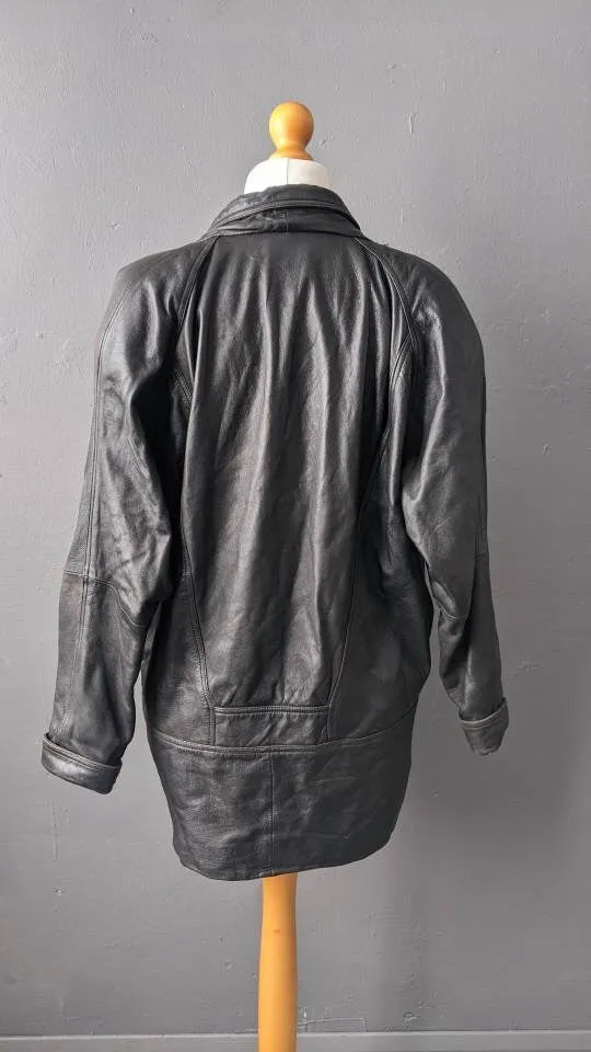 80s Oversized Leather Jacket, Distressed Cocoon Coat, Size Medium