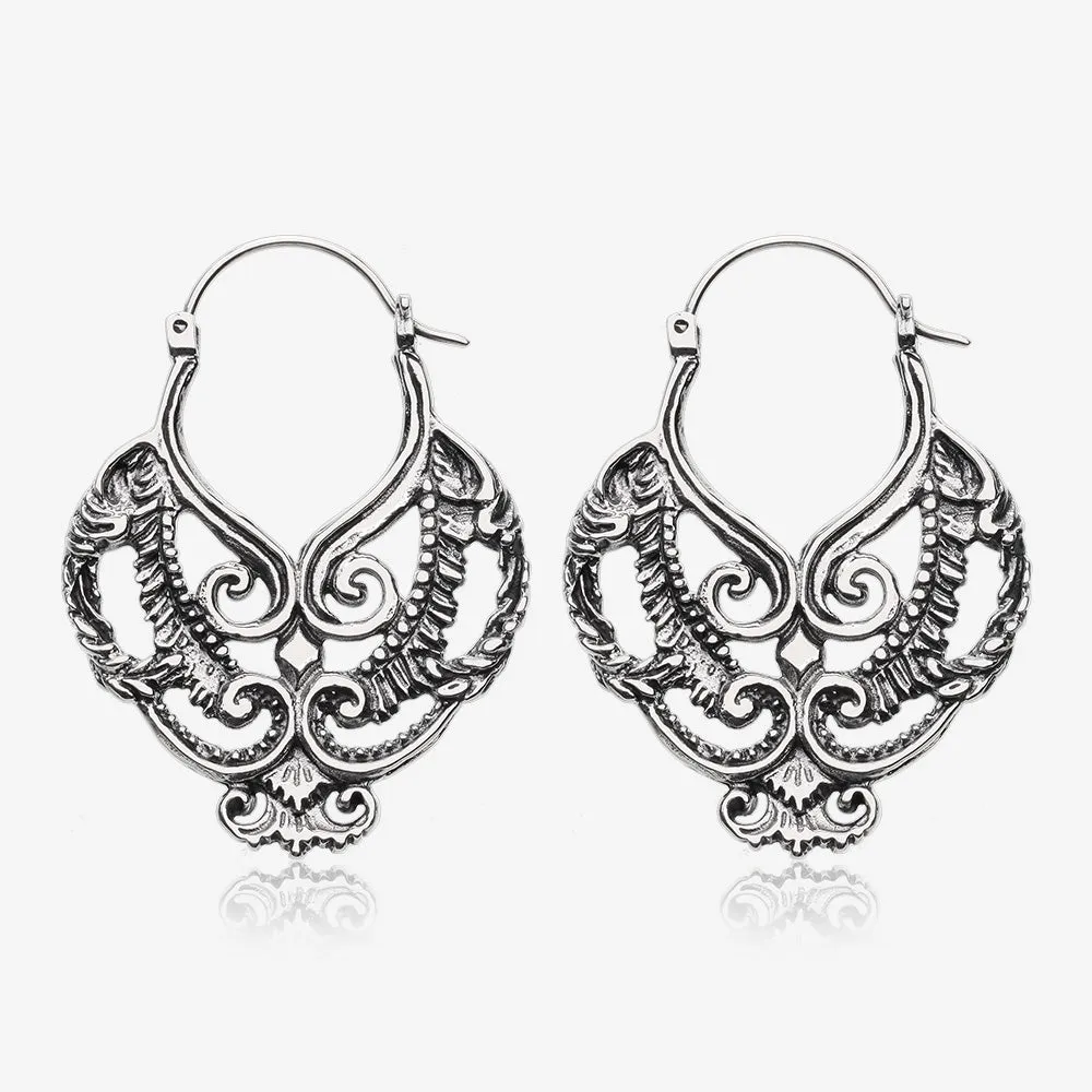 A Pair of Enchanted Royal Bali Filigree White Brass Plug Hoop Earring
