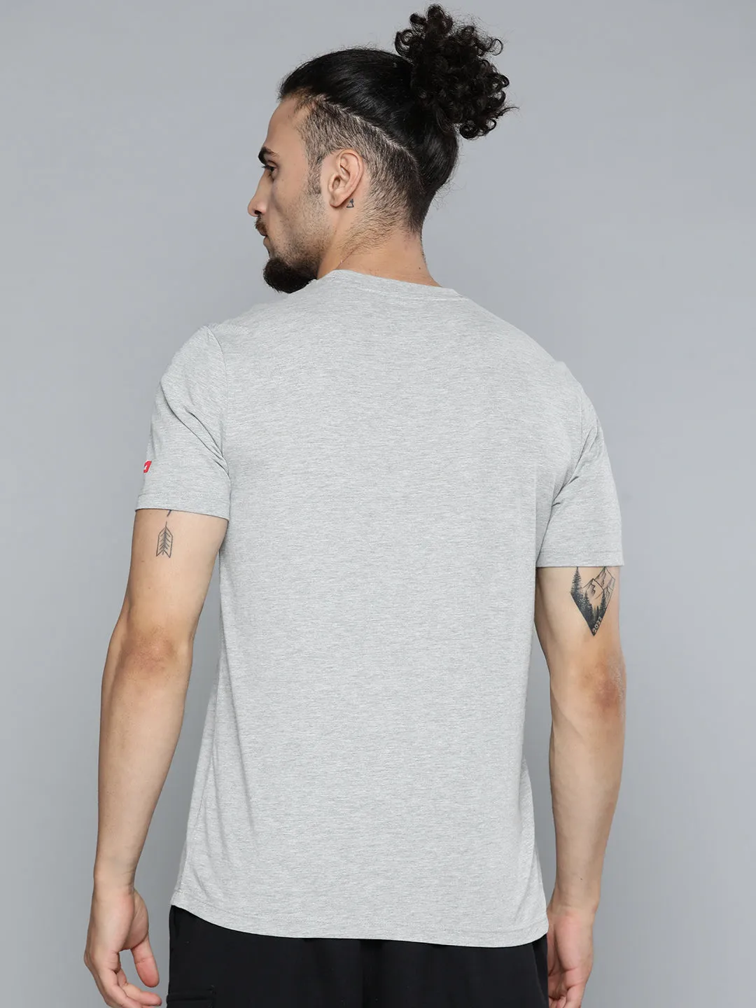 Alcis Men Grey Melange Typography Printed Slim Fit Gym T-shirt