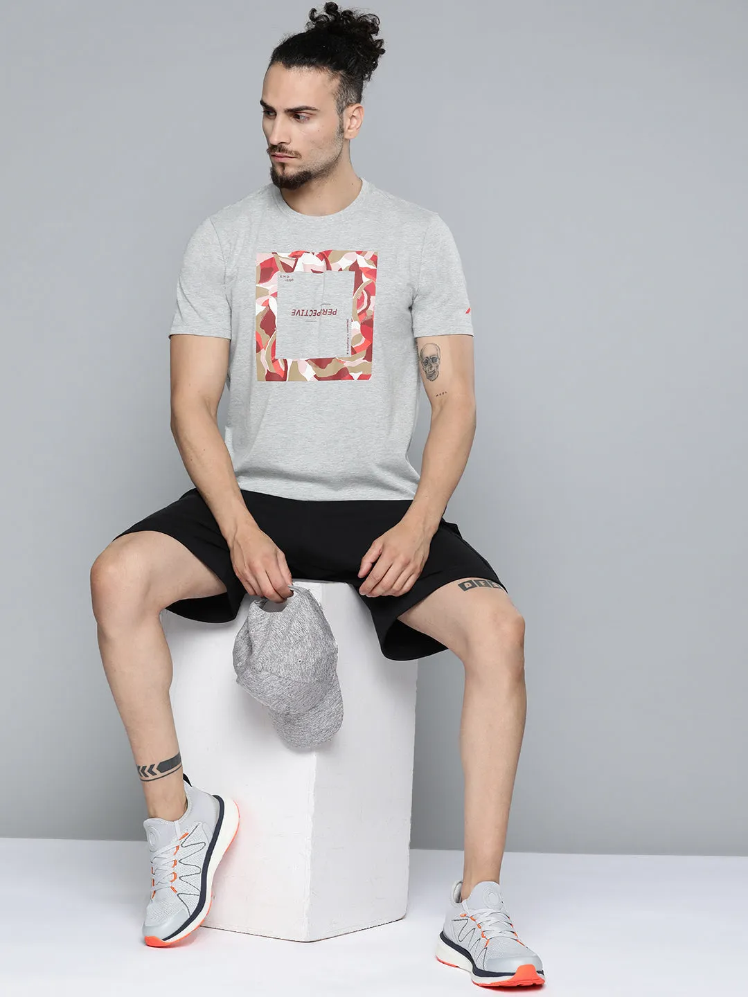 Alcis Men Grey Melange Typography Printed Slim Fit Gym T-shirt