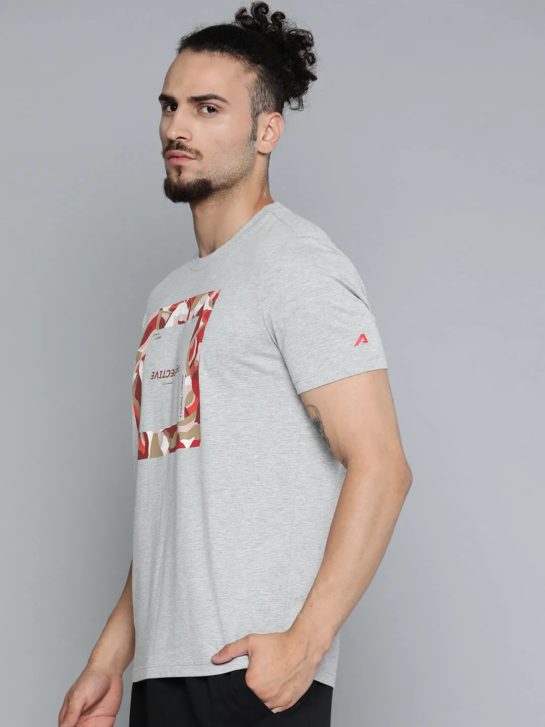 Alcis Men Grey Melange Typography Printed Slim Fit Gym T-shirt