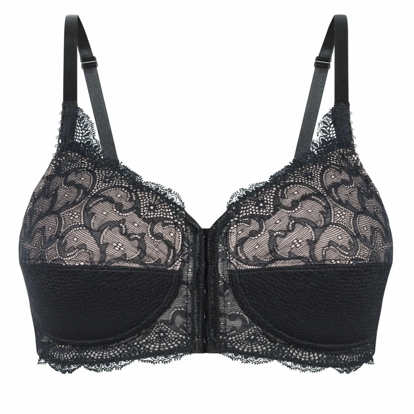 Amoena Ellen Pocketed Mastectomy Non Wired Front and Rear Opening Bra - Black Nude  44245