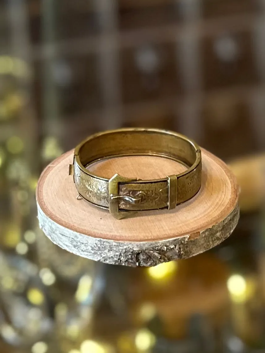 Antique Victorian Signed Brass & Black Enamel Floral Scroll Engraved Belt Buckle Bangle Bracelet 19th Century