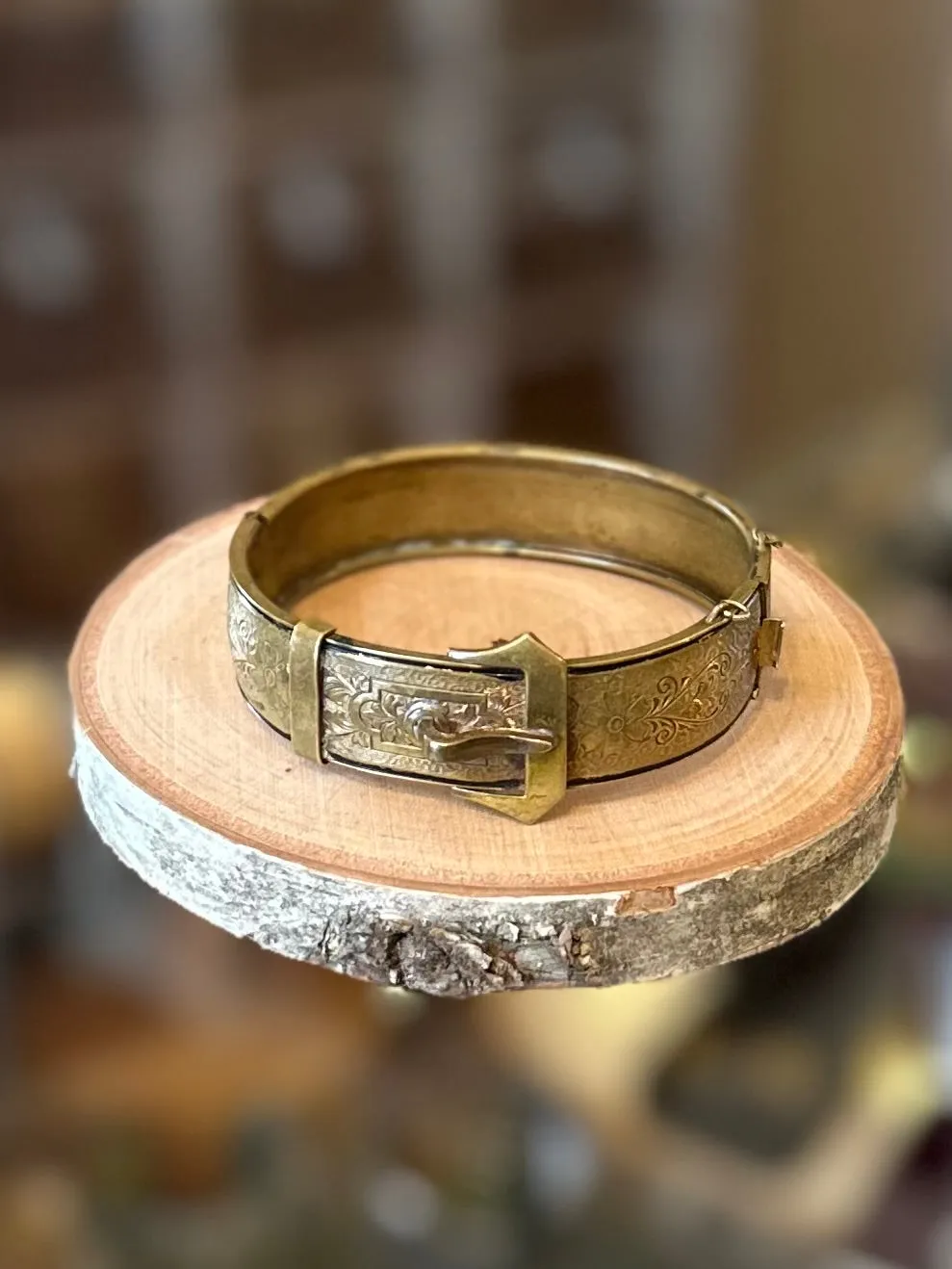Antique Victorian Signed Brass & Black Enamel Floral Scroll Engraved Belt Buckle Bangle Bracelet 19th Century