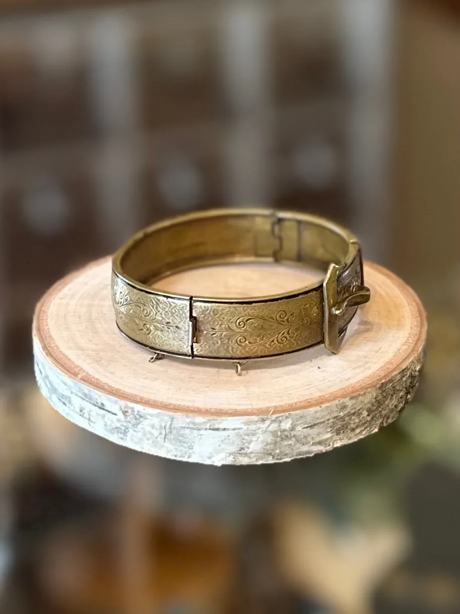Antique Victorian Signed Brass & Black Enamel Floral Scroll Engraved Belt Buckle Bangle Bracelet 19th Century