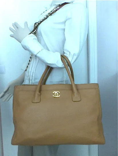 Authentic Chanel Cerf Executive Tan Caviar Tote