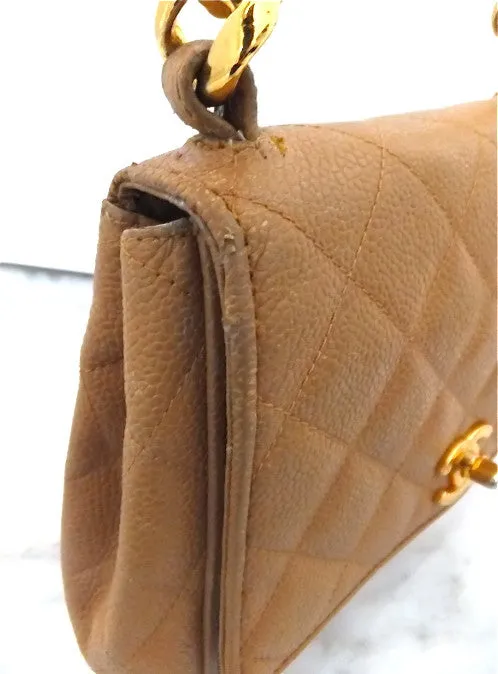 Authentic Chanel Vintage Tan Caviar Mini Flapover