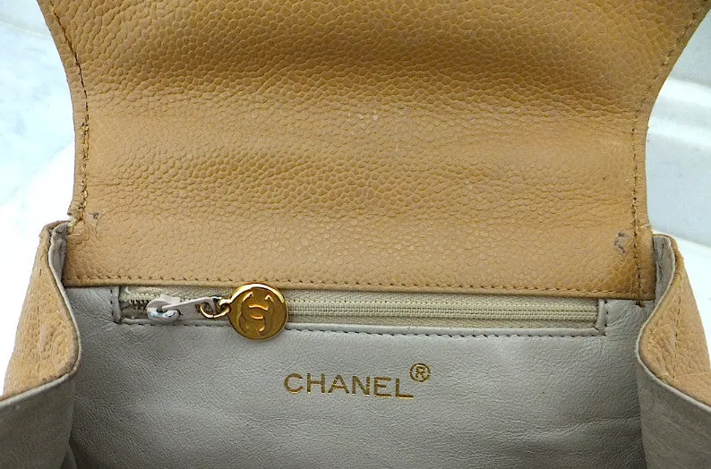 Authentic Chanel Vintage Tan Caviar Mini Flapover
