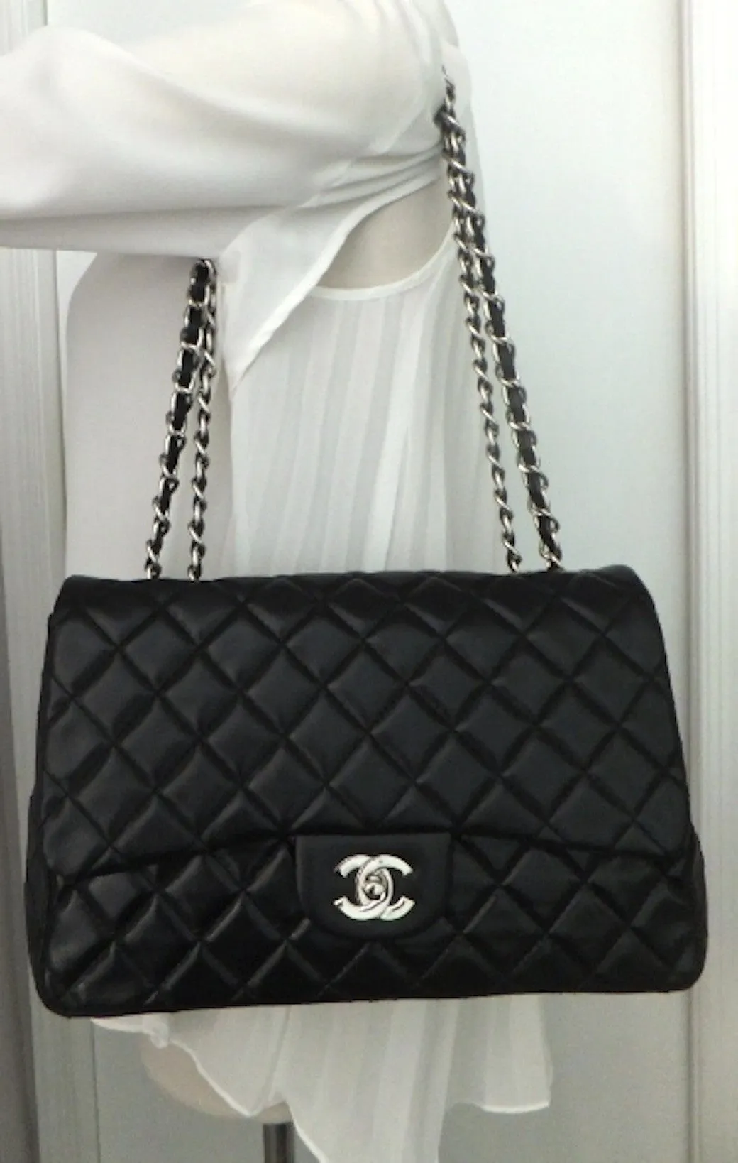Authentic NEW Chanel Black Lamb with Silver Hardware Maxi Jumbo