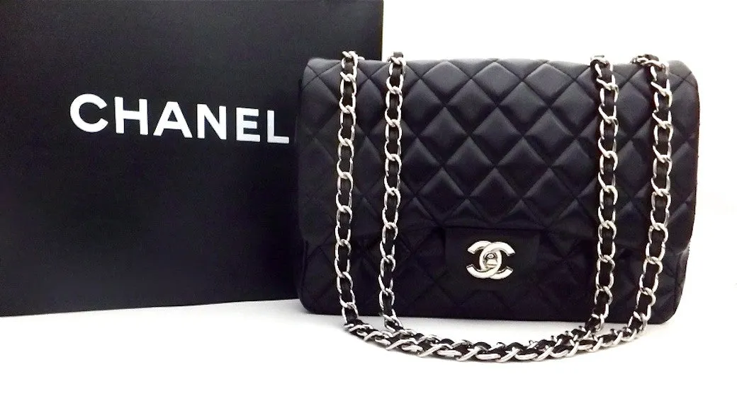 Authentic NEW Chanel Black Lamb with Silver Hardware Maxi Jumbo