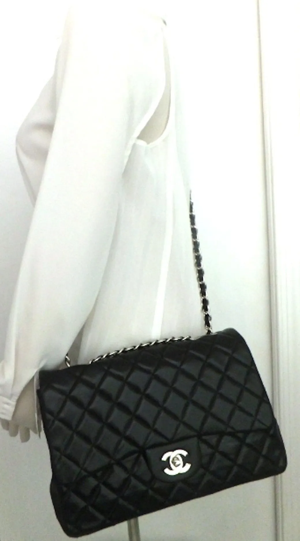 Authentic NEW Chanel Black Lamb with Silver Hardware Maxi Jumbo