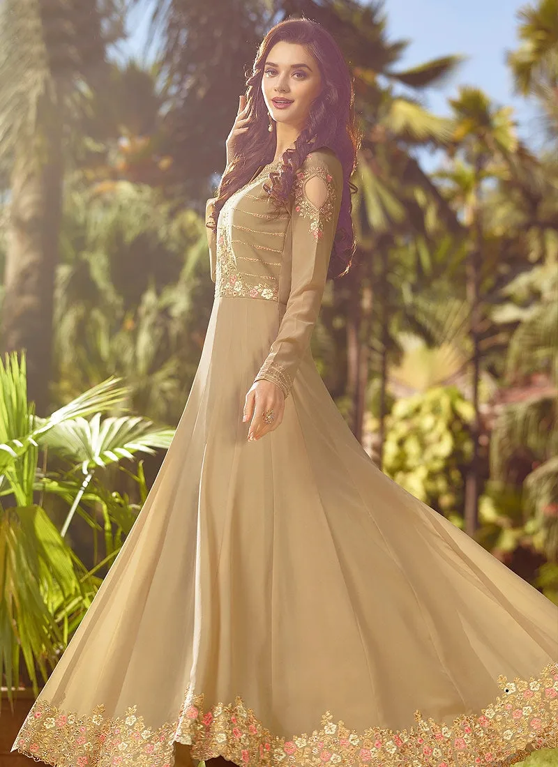 Beige With Multicoloured Embroidery Plaited Anarkali Suit