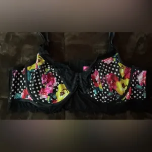 Betsey Johnson Floral and Polka Dot Bra - Black, Pink, Yellow