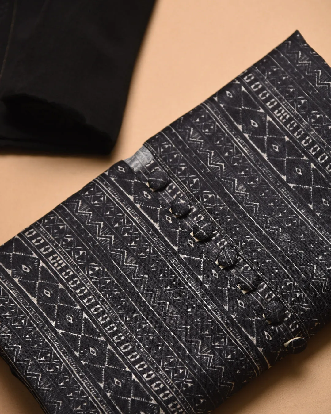 Black Cotton Silk Blend Geometric Printed Unstitched Suit Fabric Set With Chanderi Embroidered Dupatta