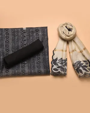 Black Cotton Silk Blend Geometric Printed Unstitched Suit Fabric Set With Chanderi Embroidered Dupatta
