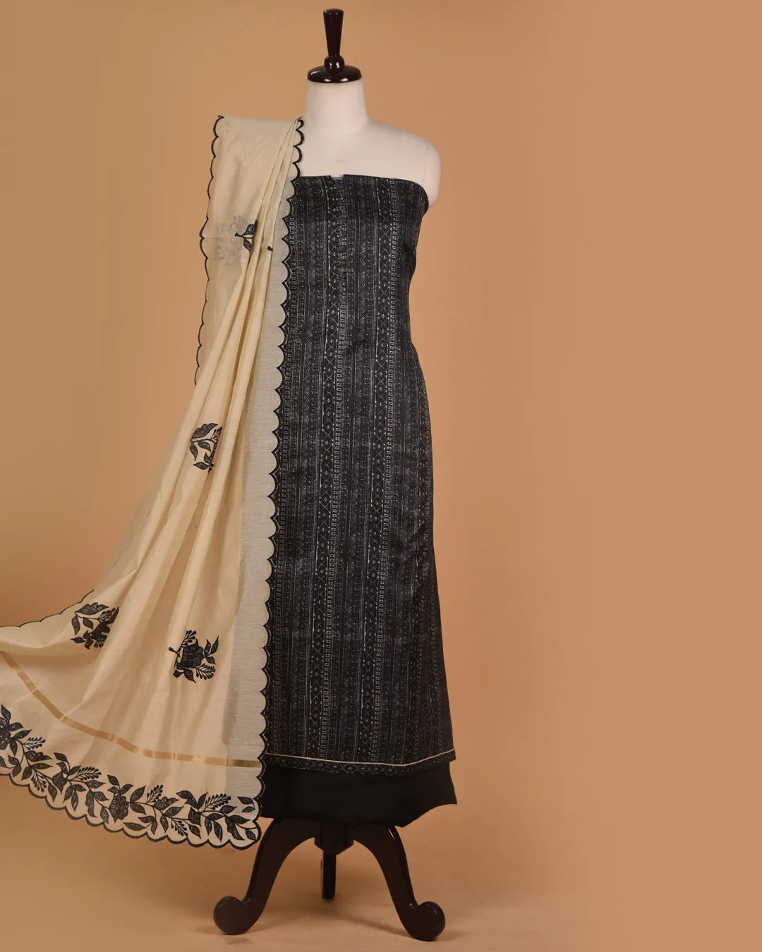 Black Cotton Silk Blend Geometric Printed Unstitched Suit Fabric Set With Chanderi Embroidered Dupatta