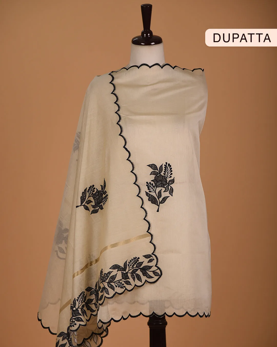 Black Cotton Silk Blend Geometric Printed Unstitched Suit Fabric Set With Chanderi Embroidered Dupatta