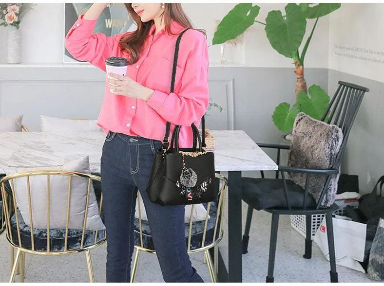 Black French Fur Cham Shape Tote Handbag