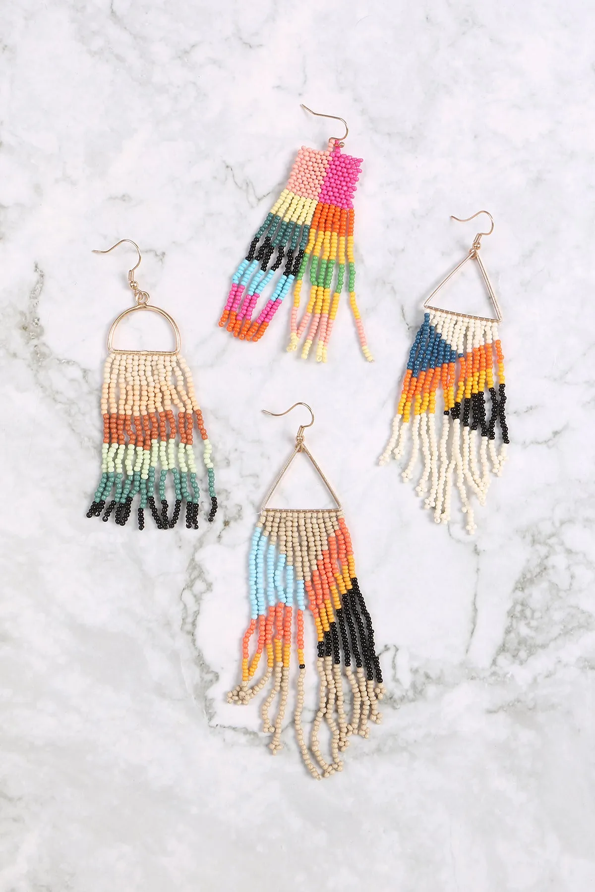 BOHO TRIANGLE SEED BEAD FRINGE DROP EARRINGS