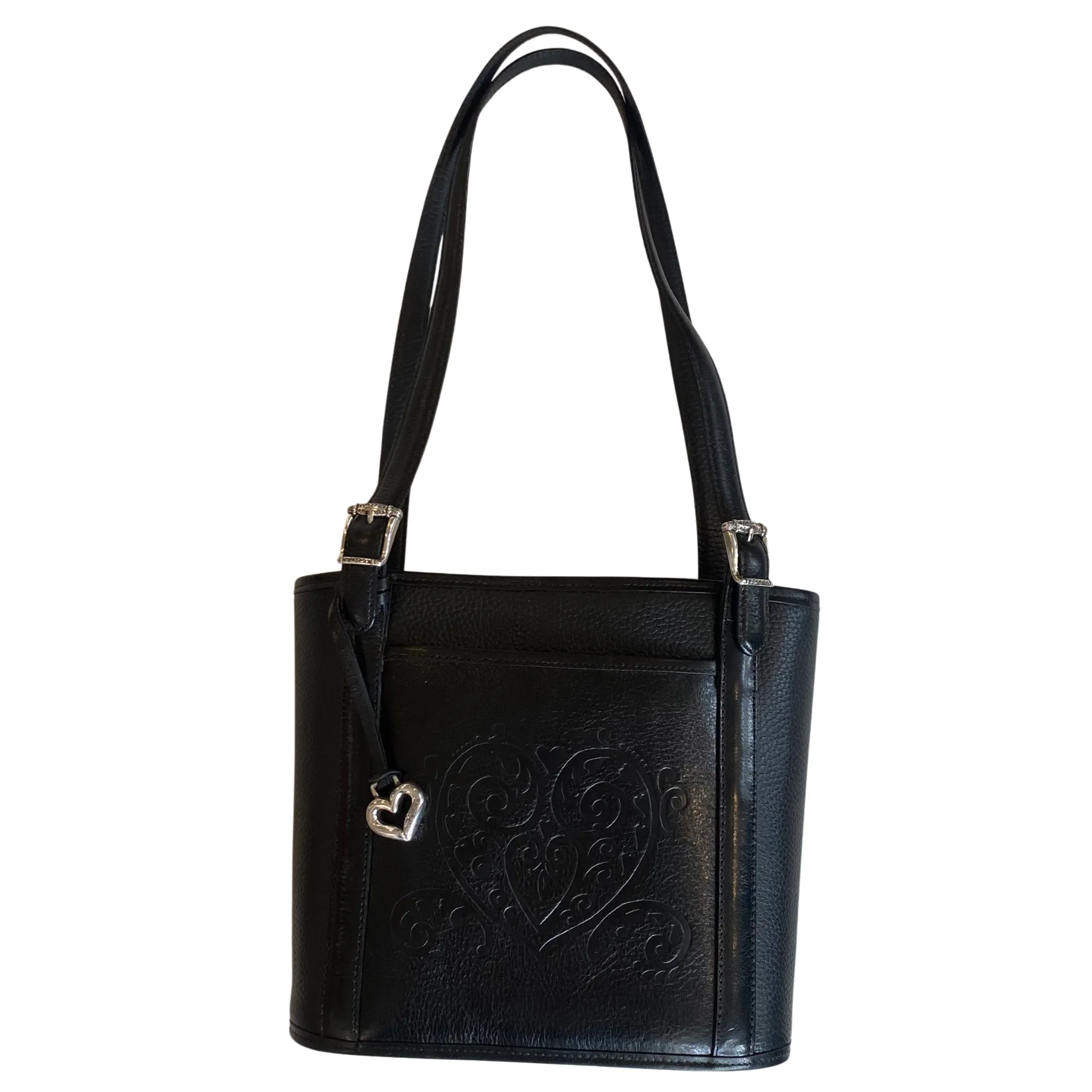 BRIGHTON Desiree Tote Black Leather Bucket Purse With Heart Imprint