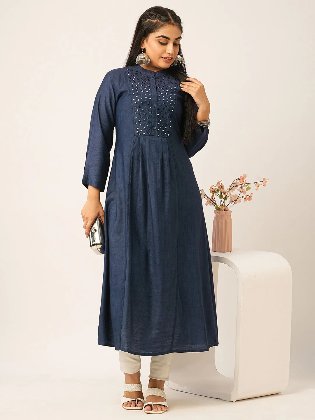Buy Navy Blue Comfort Fit Rayon Kurta for women online - Zola