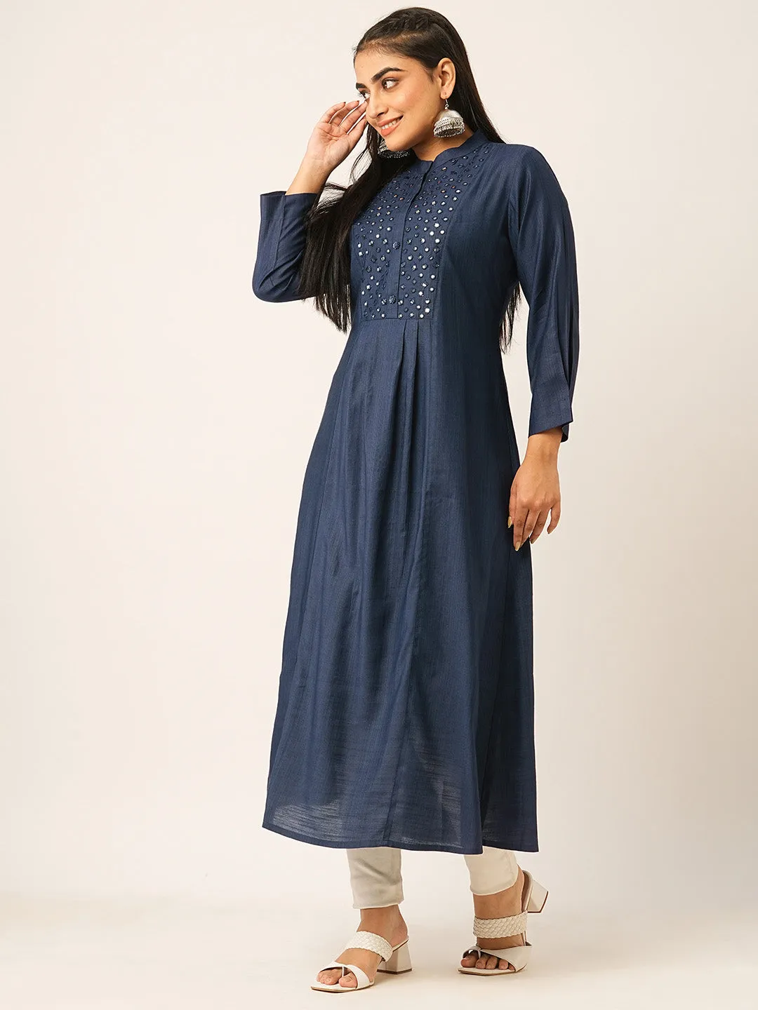 Buy Navy Blue Comfort Fit Rayon Kurta for women online - Zola