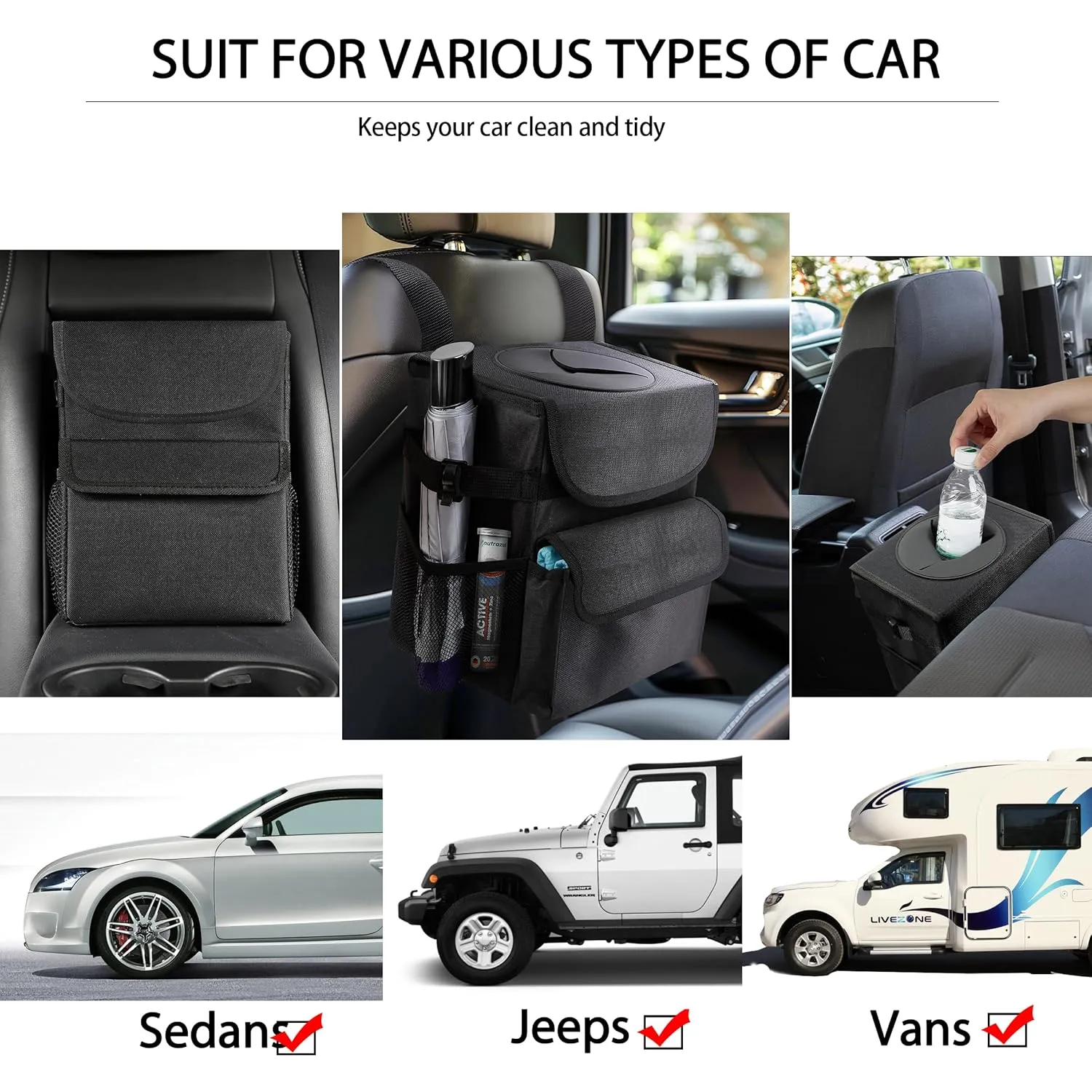 Car Trash Can with Lid and Storage Pockets, 100% Leak-Proof Organizer, 1.8   2.8 Gallons Set