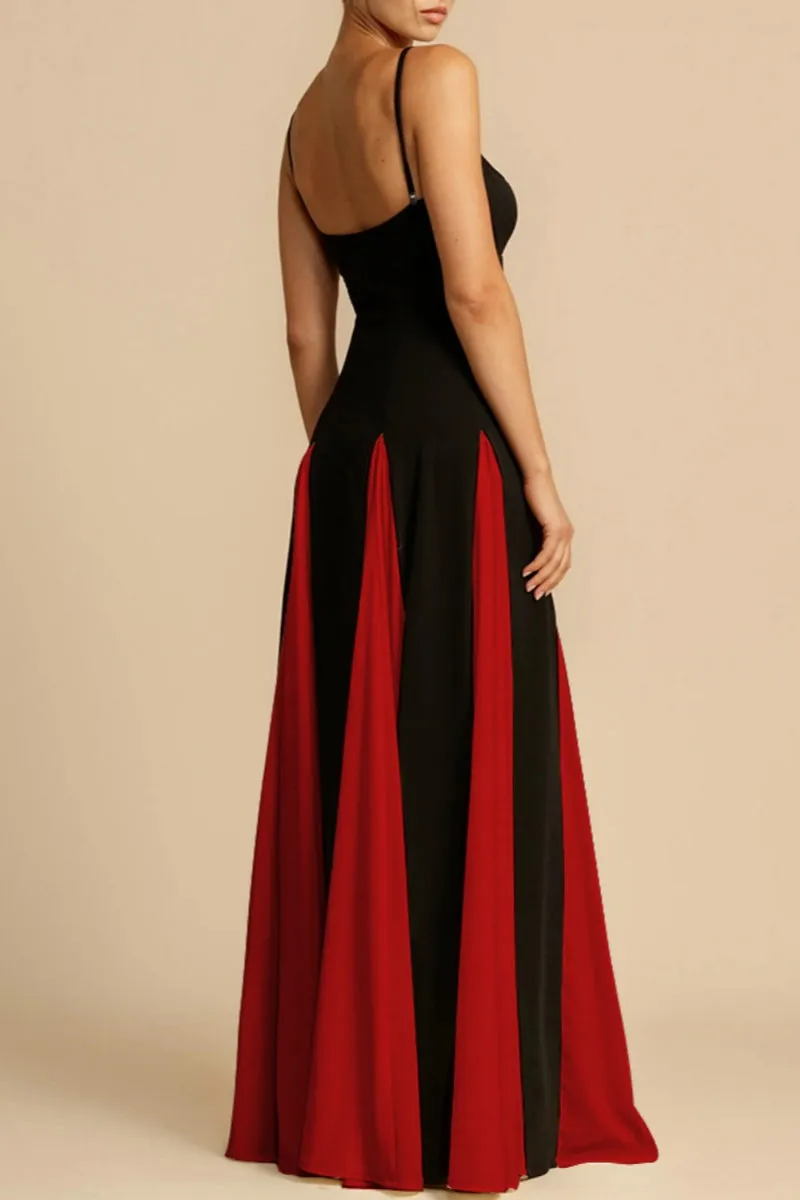 Casual Patchwork Backless Contrast Spaghetti Strap Long Dresses(4 Colors)