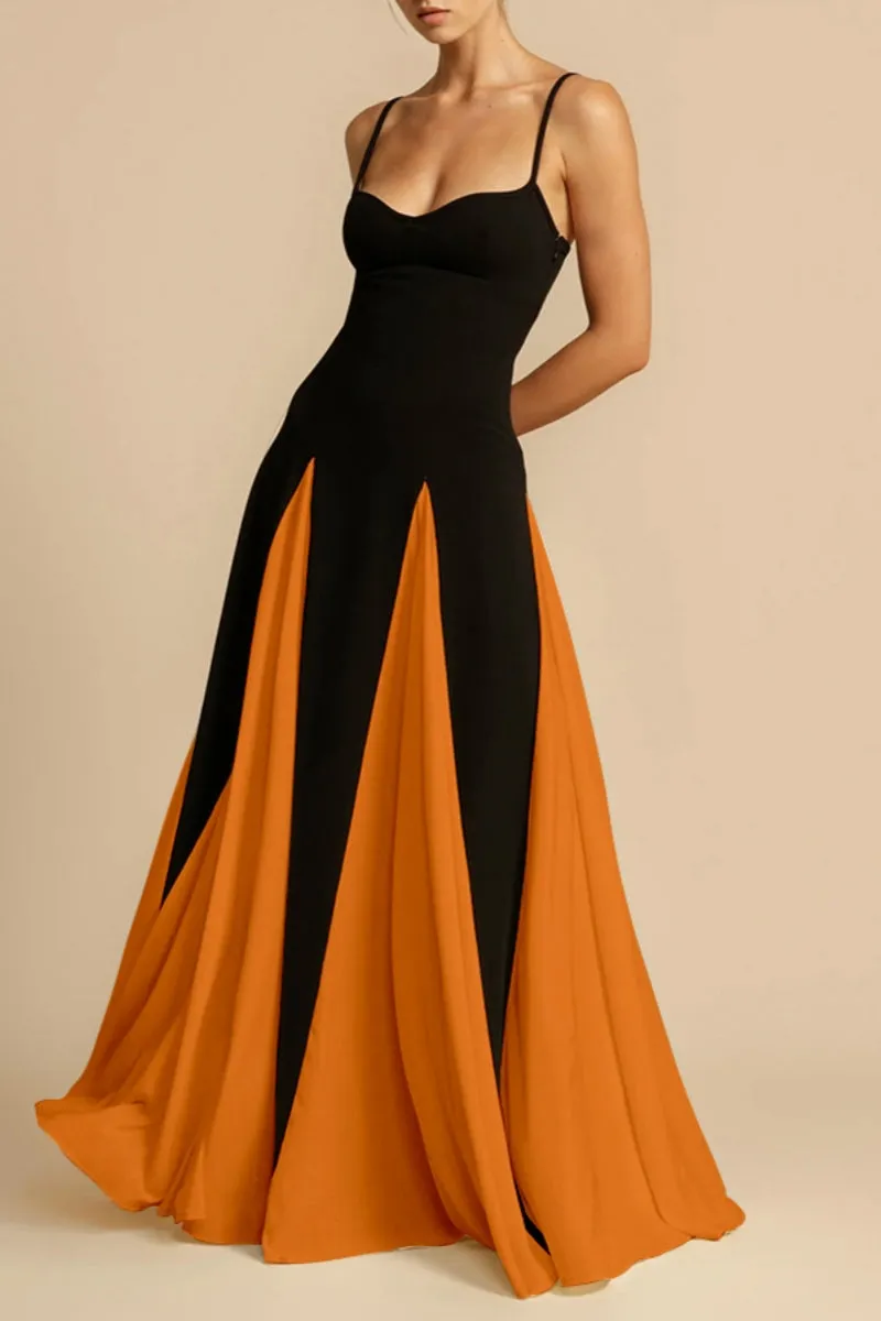 Casual Patchwork Backless Contrast Spaghetti Strap Long Dresses(4 Colors)