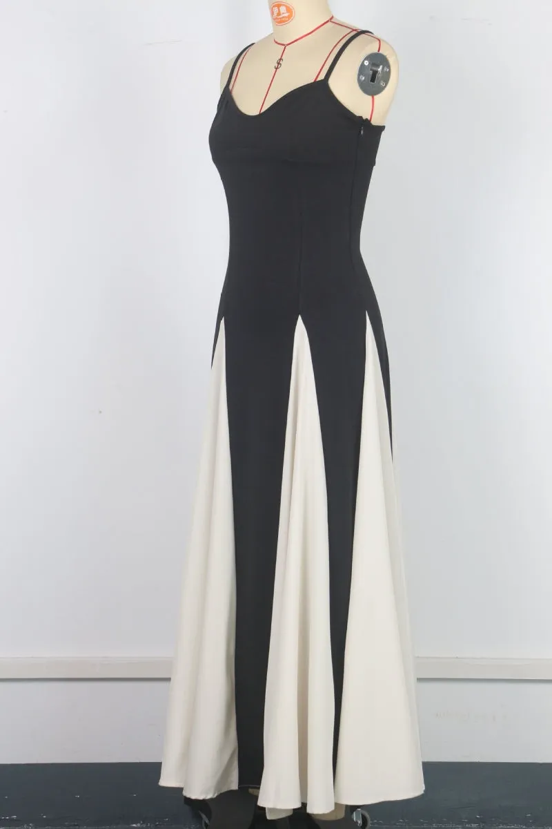 Casual Patchwork Backless Contrast Spaghetti Strap Long Dresses(4 Colors)