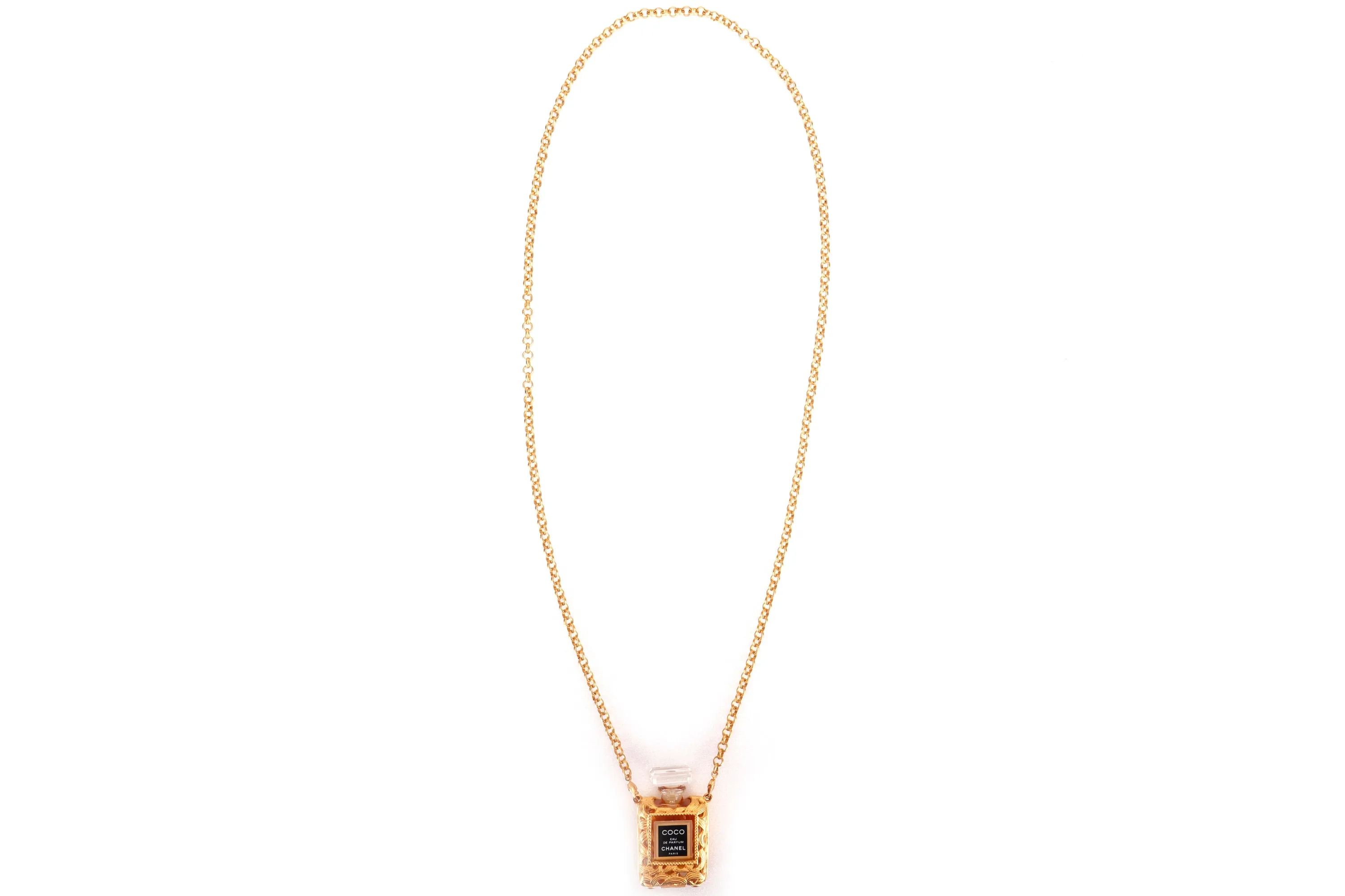 CHANEL VINTAGE PERFUME NO.5 SET BRASS PERFUME NECKLACE, WITH BOX