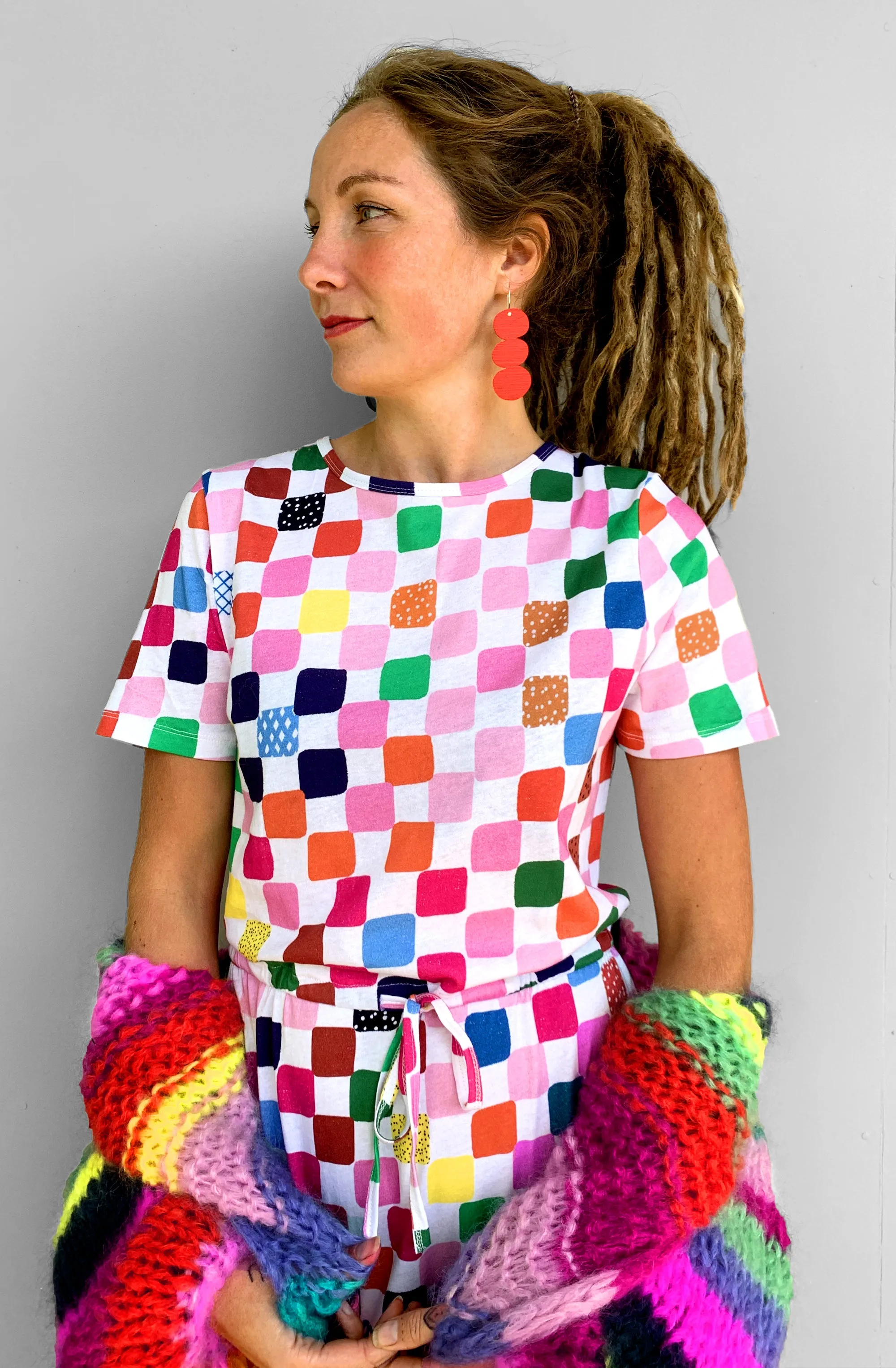 Check 100% organic jersey draw string dress