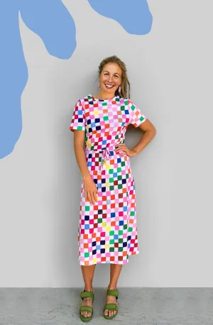 Check 100% organic jersey draw string dress