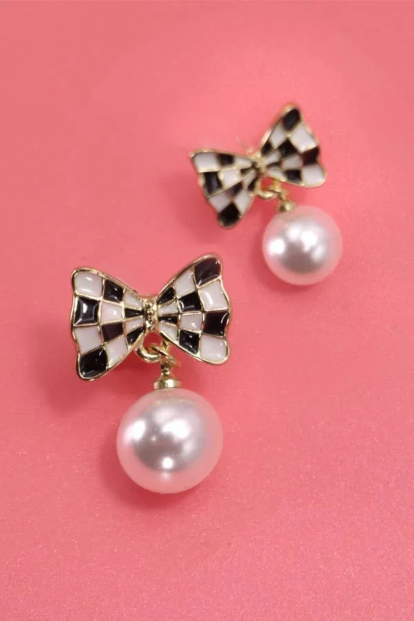 Checkered Bow Pearl Drop Earrings