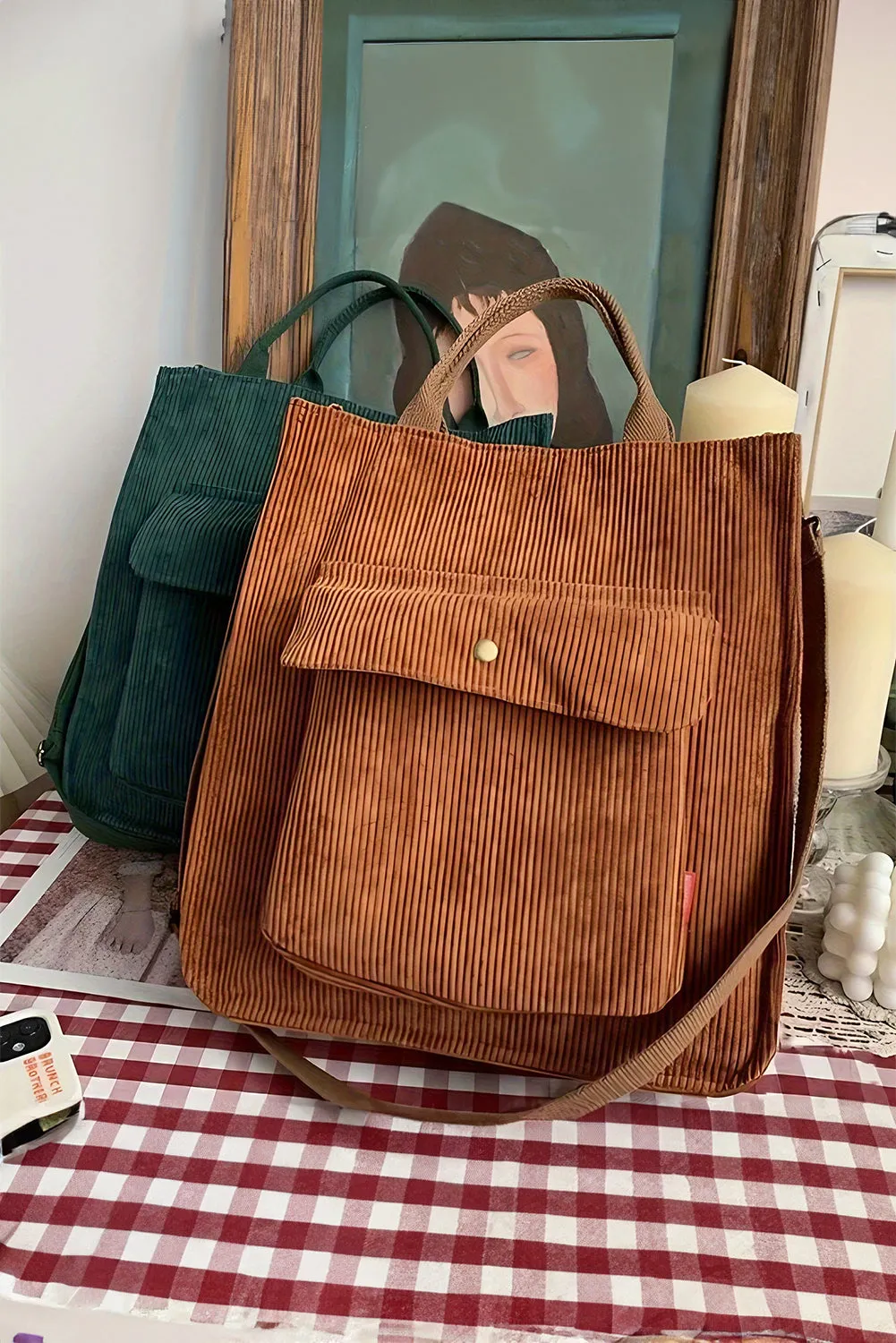 Chestnut Detachable Shoulder Strap Large Corduroy Bag