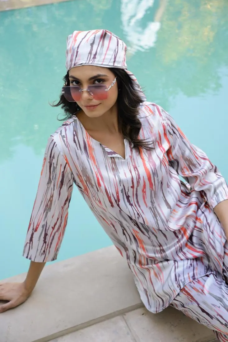 Chic Abstract Satin Stripes Pajama Set - Modern & Stylish Nightwear
