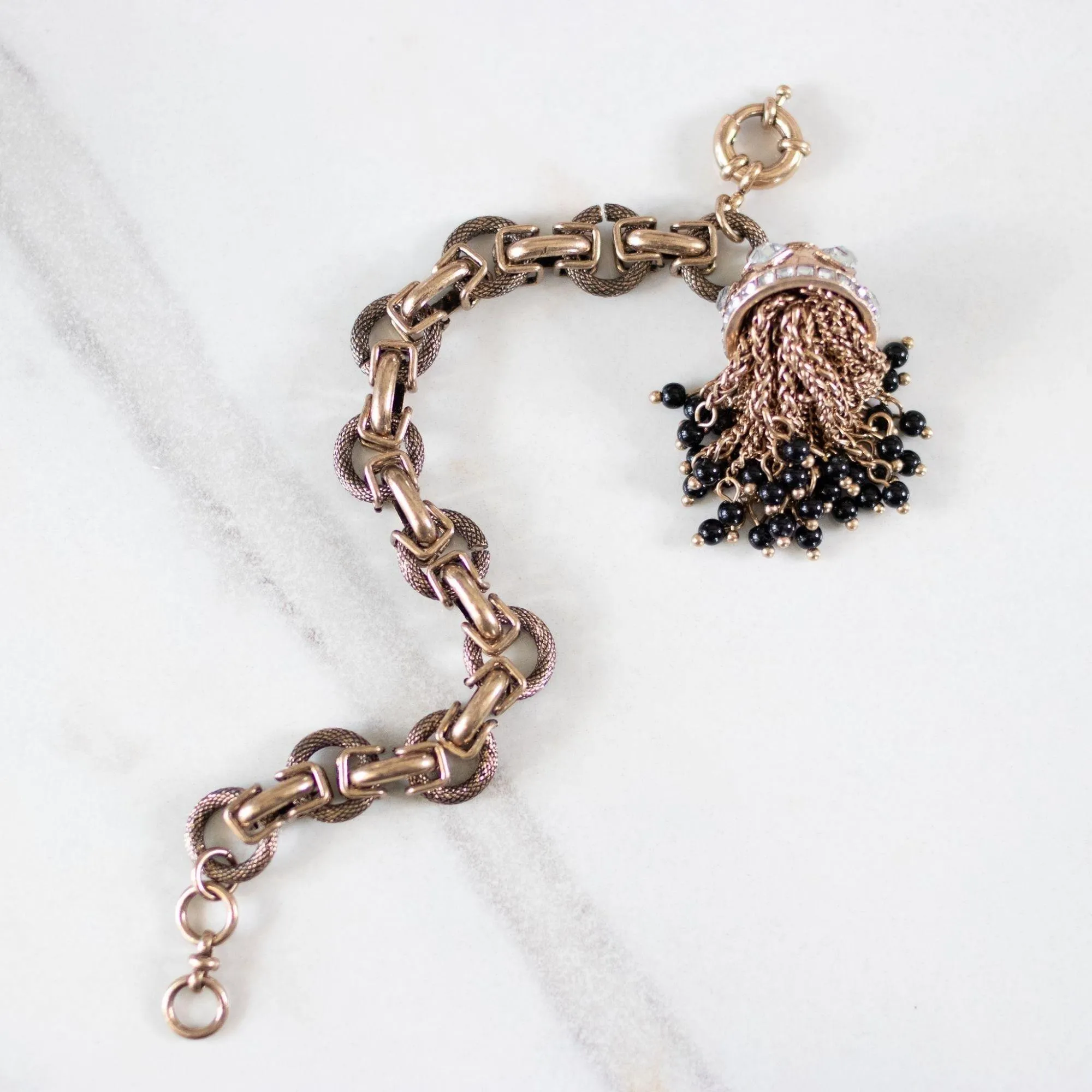 Chunky Brass Gilt Chain Bracelet with Diamante Rhinestone Domed Cap with Chain and Black Bead Tassels