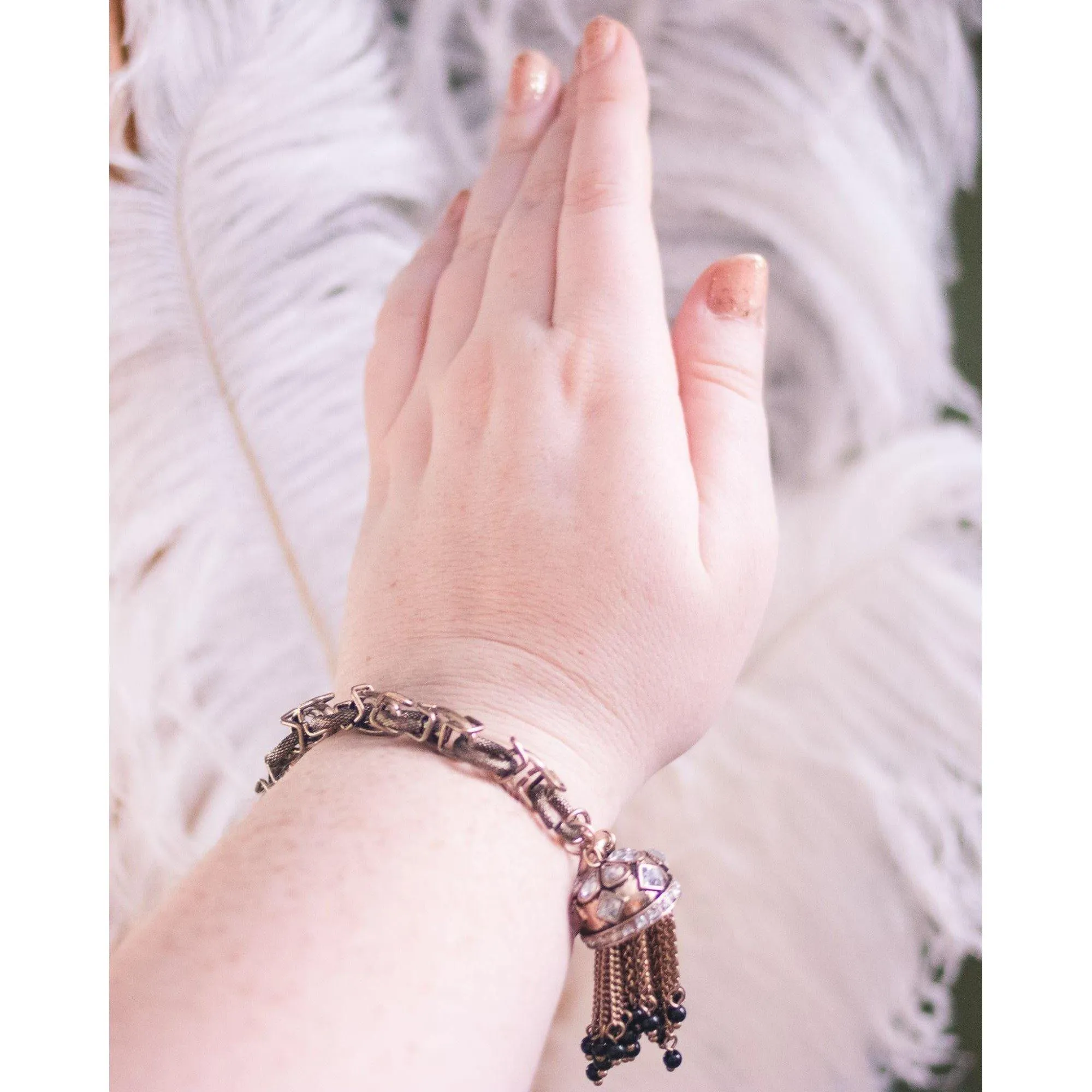 Chunky Brass Gilt Chain Bracelet with Diamante Rhinestone Domed Cap with Chain and Black Bead Tassels