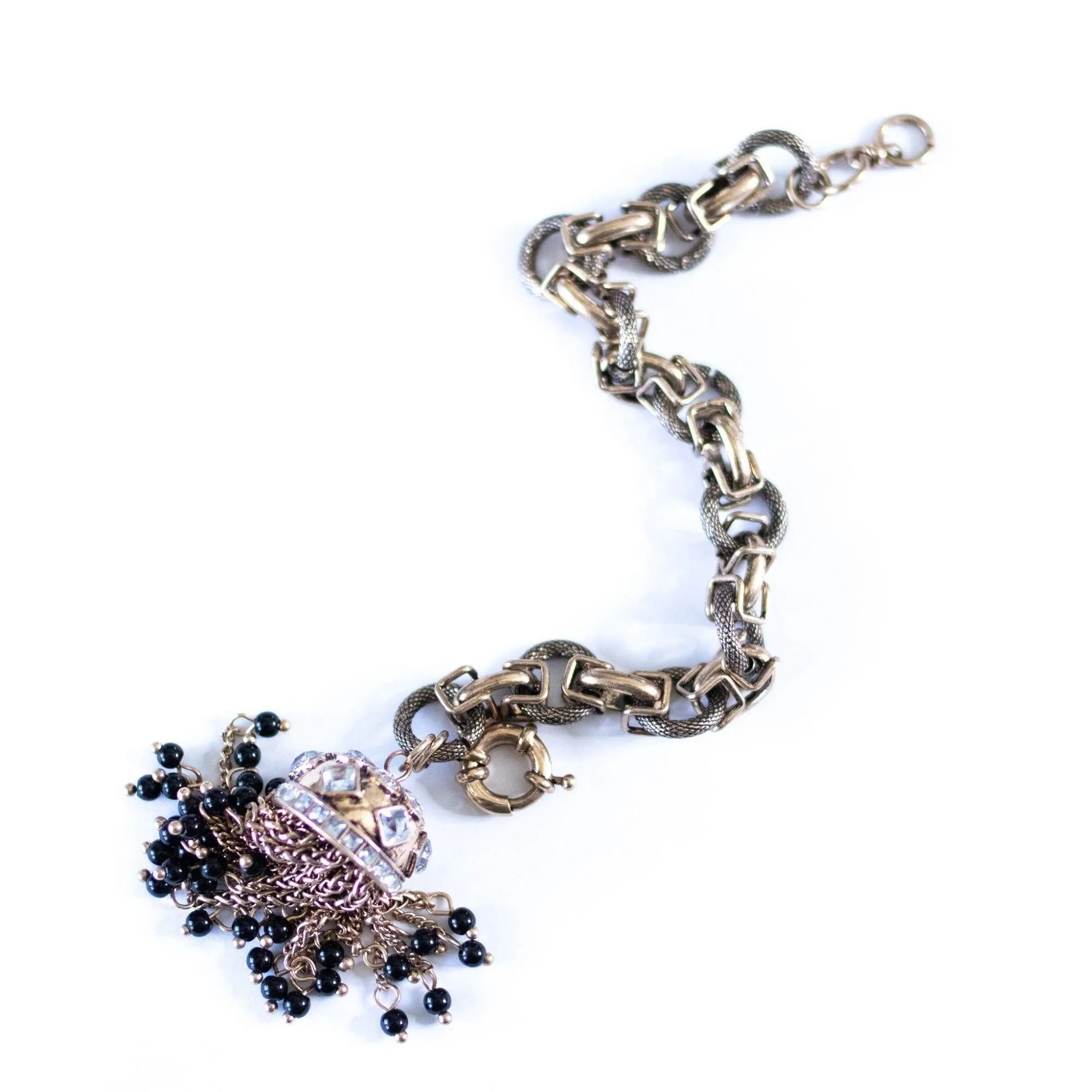 Chunky Brass Gilt Chain Bracelet with Diamante Rhinestone Domed Cap with Chain and Black Bead Tassels