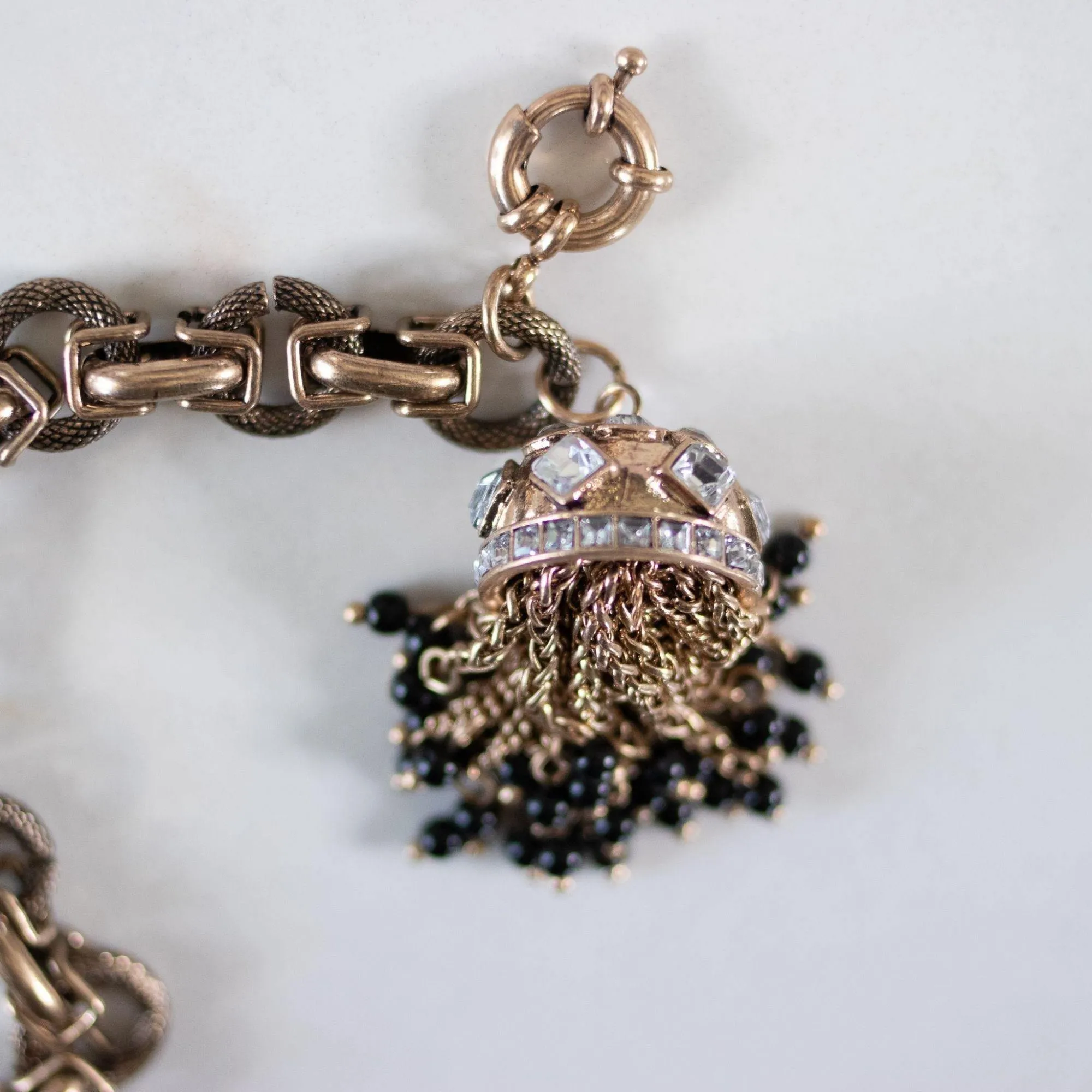 Chunky Brass Gilt Chain Bracelet with Diamante Rhinestone Domed Cap with Chain and Black Bead Tassels