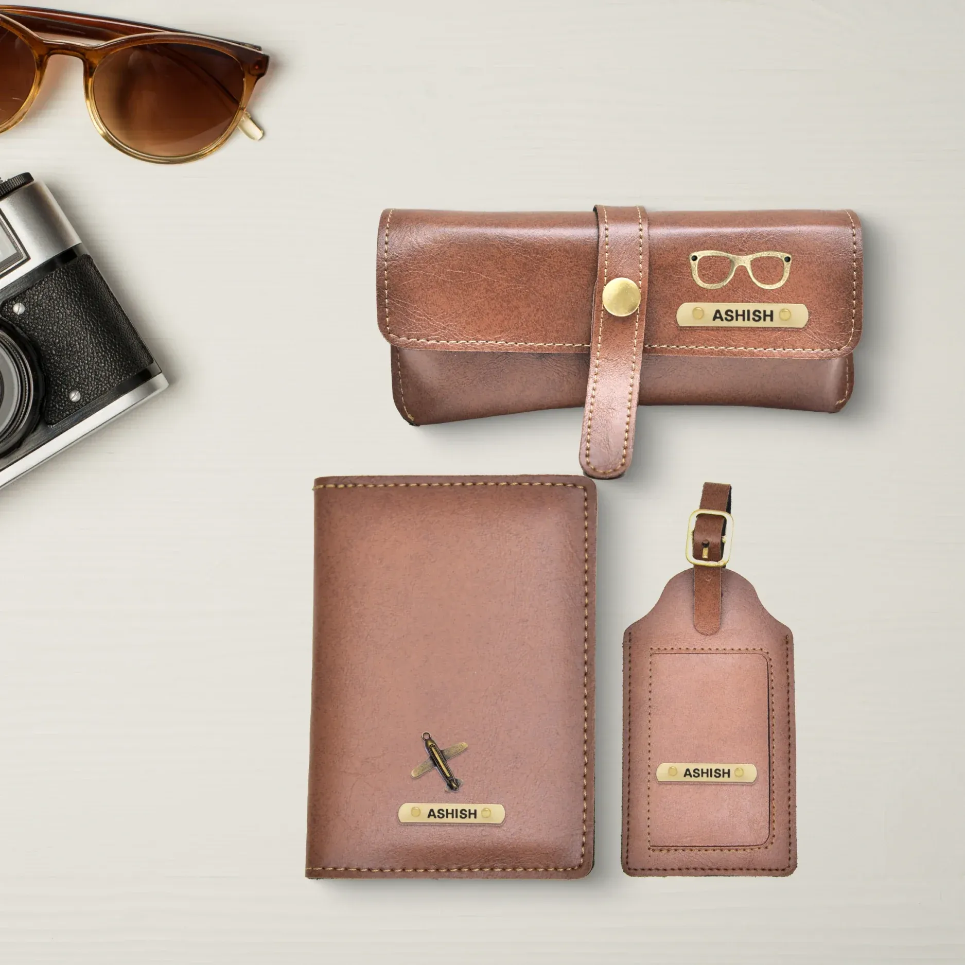 Classy Leather Customized  Frequent Traveller Combo (3 pcs) - Tan