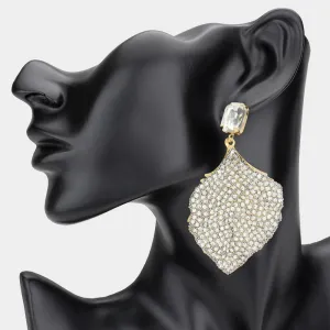 Clear Rhinestone Embellished Fun Fashion Leaf Shaped Earrings on Gold| Headshot Earrings |  607504