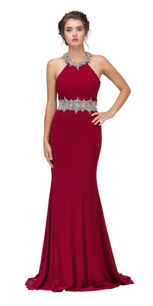 CLEARANCE - Burgundy High Beaded Neckline Long Prom Dress Cut-Out Back (Size Medium)