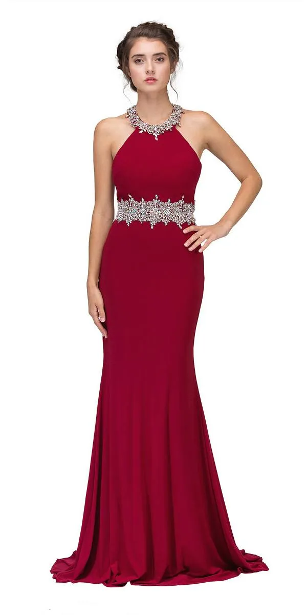 CLEARANCE - Burgundy High Beaded Neckline Long Prom Dress Cut-Out Back (Size Medium)