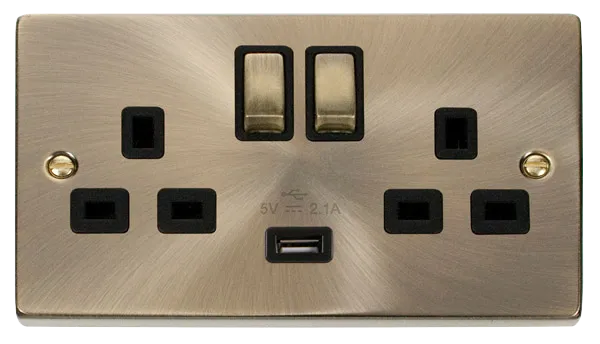 Click Deco VPAB570BK Victorian 13A Ingot 2G Switched Socket   1x2.1A USB - Antique Brass (Black)