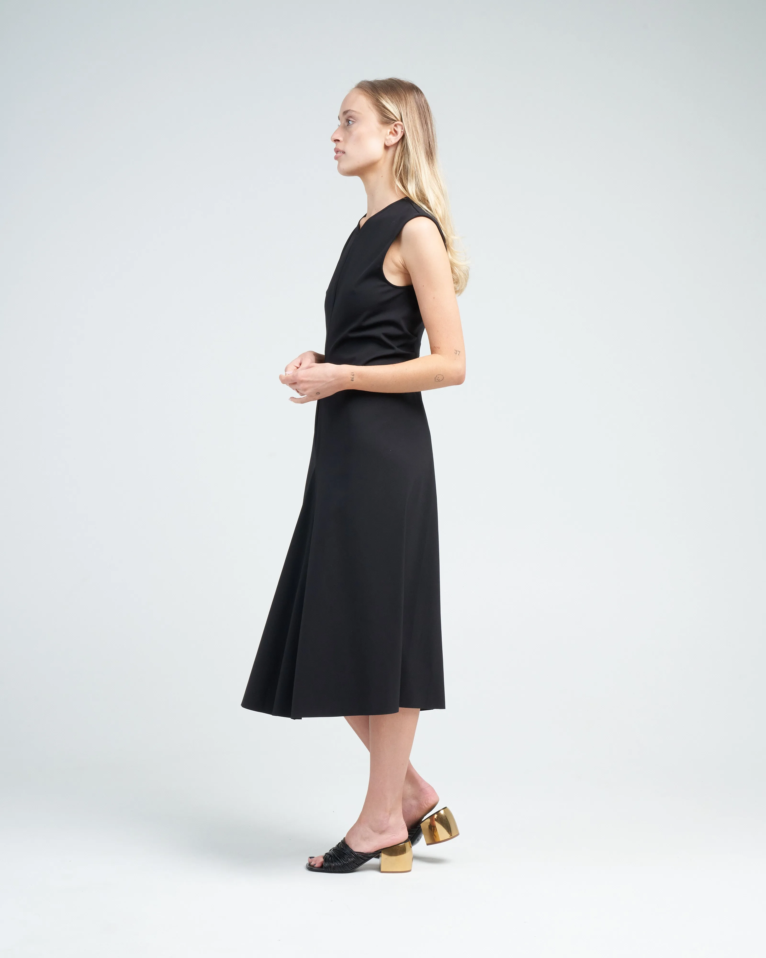 compact ultra stretch knit vneck godet dress