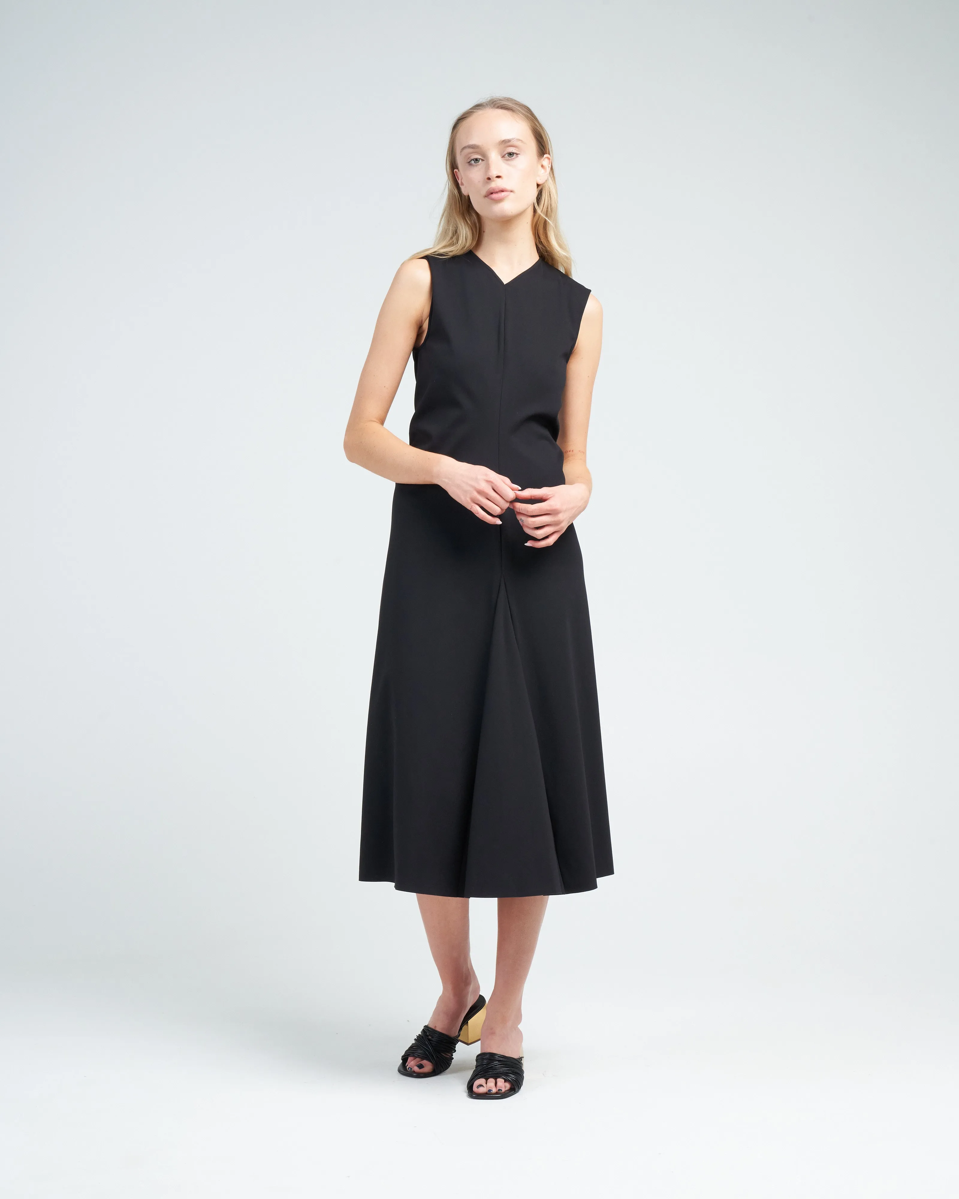 compact ultra stretch knit vneck godet dress